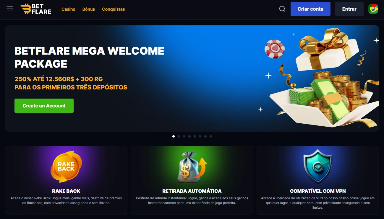 Página principal do casino Betflare em Portugal