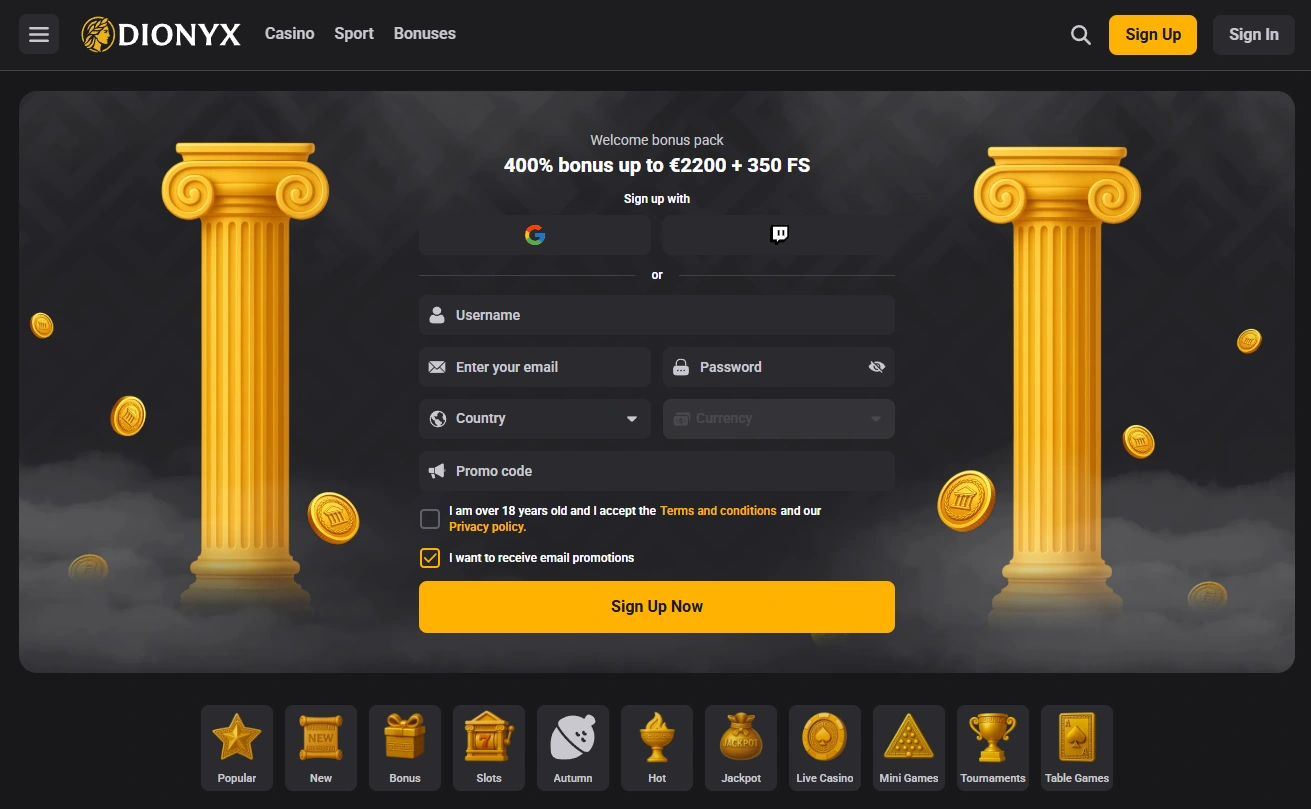 Página principal do casino Dionyx em Portugal