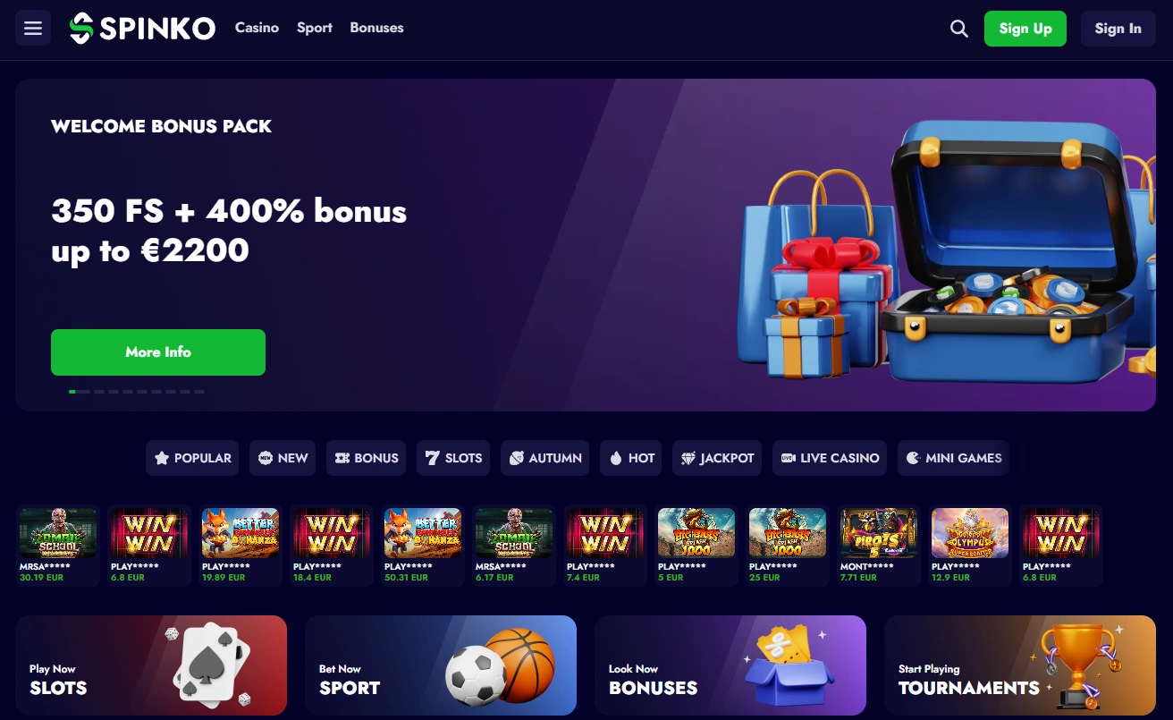 Página principal do casino Spinko em Portugal